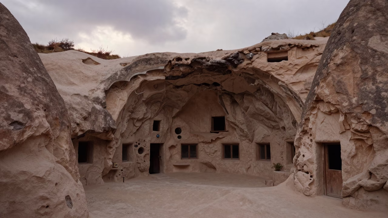 Cave House Interior in Cappadocian Rock Formation in inside a skylit passageway near Nevşehir