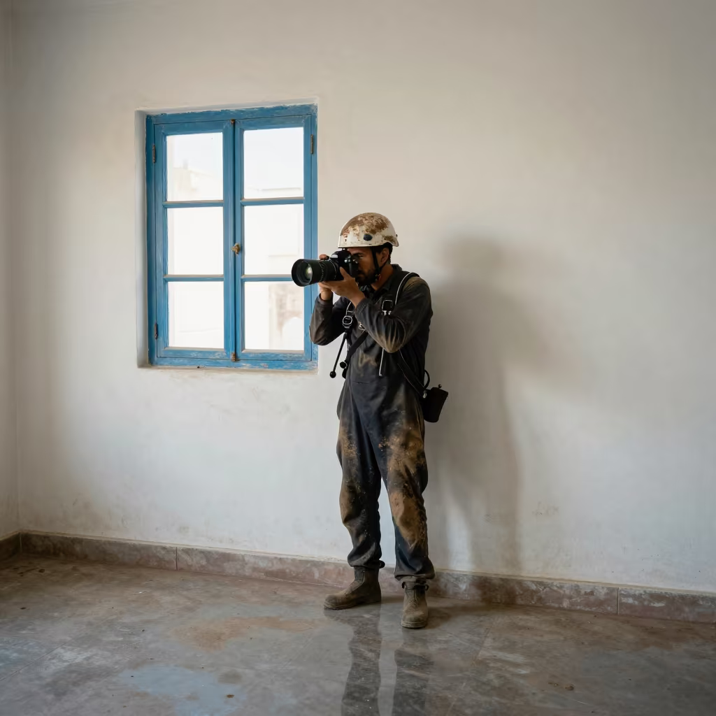 Cave Photographer with Mud Helmet in Casablanca Workshop in by a workshop window in Casablanca