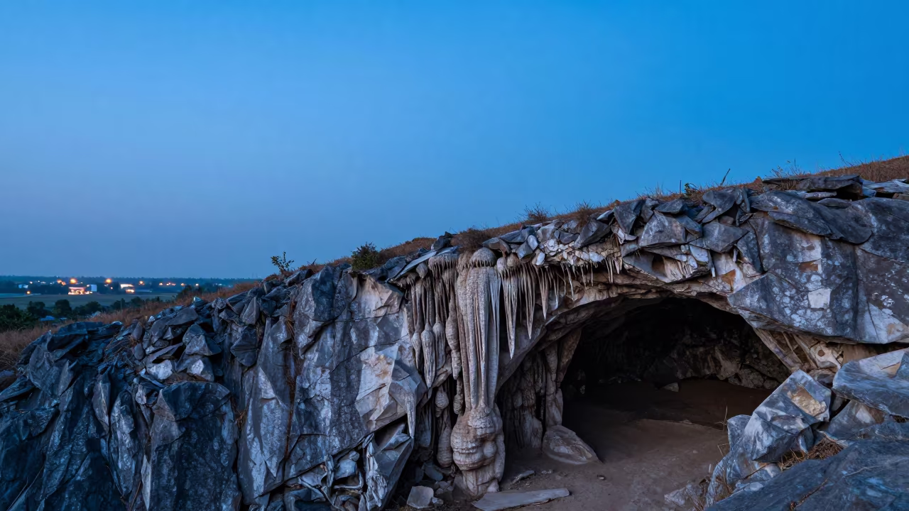 Cave Stalactites Ridge Over Can Tho in from a ridge above layered foothills near Can Tho