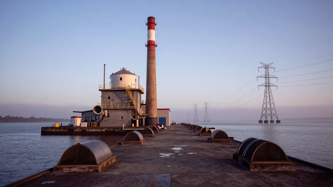 Cayenne Pumping Station Fog at Dawn in beneath transmission towers in Cayenne