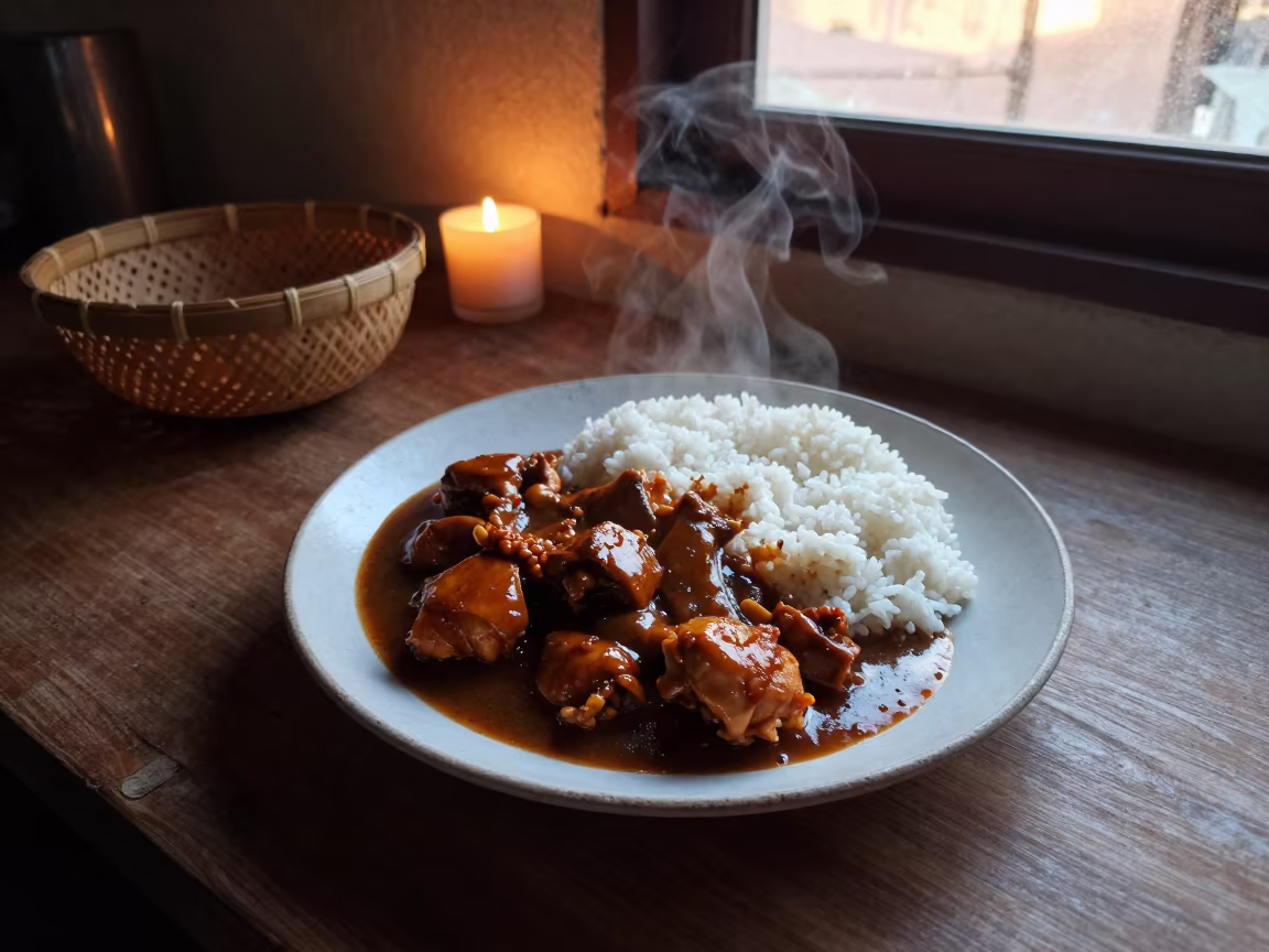Cebu Chicken Adobo Plate at Sunset in on a kitchen worktop in Cebu