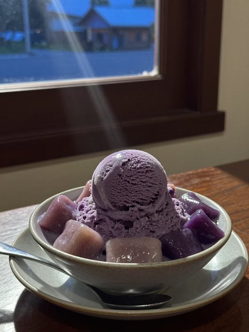 Cebu Halo-Halo Purple Yam Ice Cream Bowl in on a ceramic plate by a window in Cebu