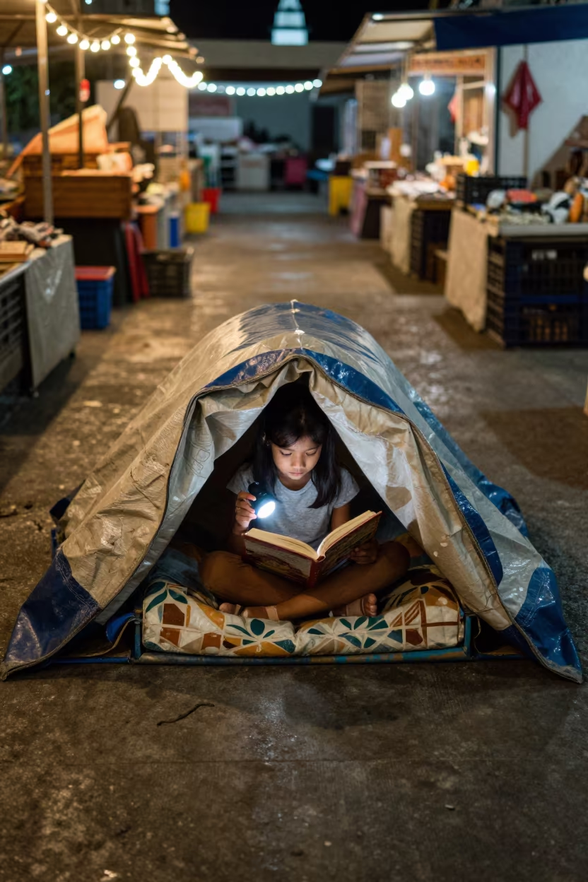 Cebu Market Girl Reading Under Blanket Fort in in a market hall in Cebu