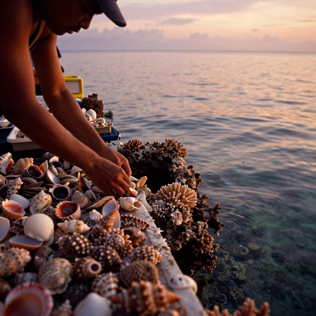 Cebu Seashell Vendor Underwater Stall in beside a reef crevice under clear water near Cebu