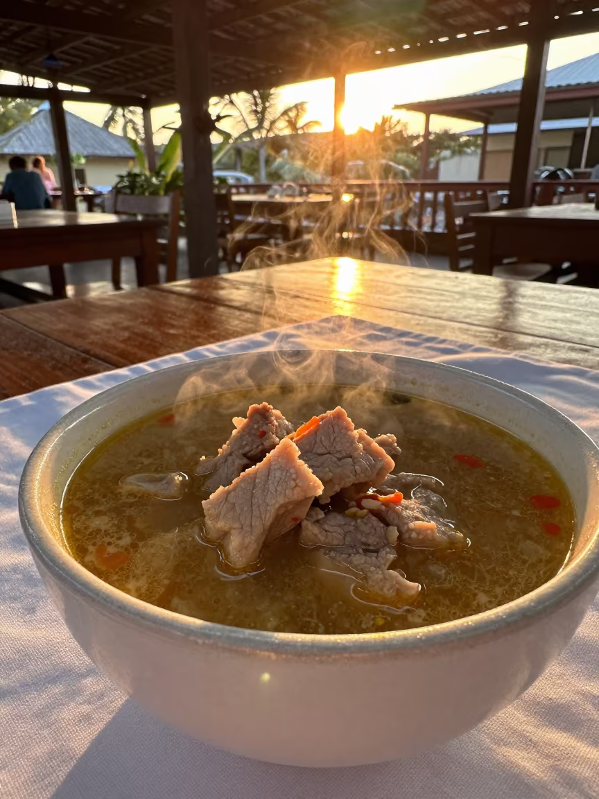 Cebu Sinigang Bowl Tamarind Broth Sunset Light in on a linen-covered restaurant table in Cebu