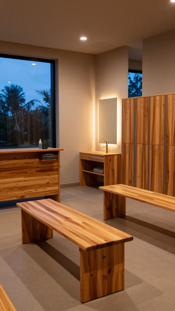 Cedar Bench Spa Locker Room Blue Hour Light in at a reception desk under warm light in Sandvika