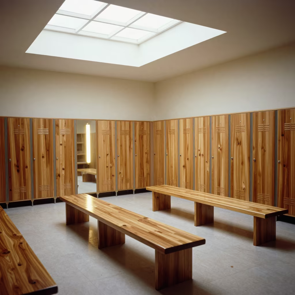 Cedar Bench Spa Locker Room with Glowing Mirror in in a quiet guest corridor near Al-Fashir