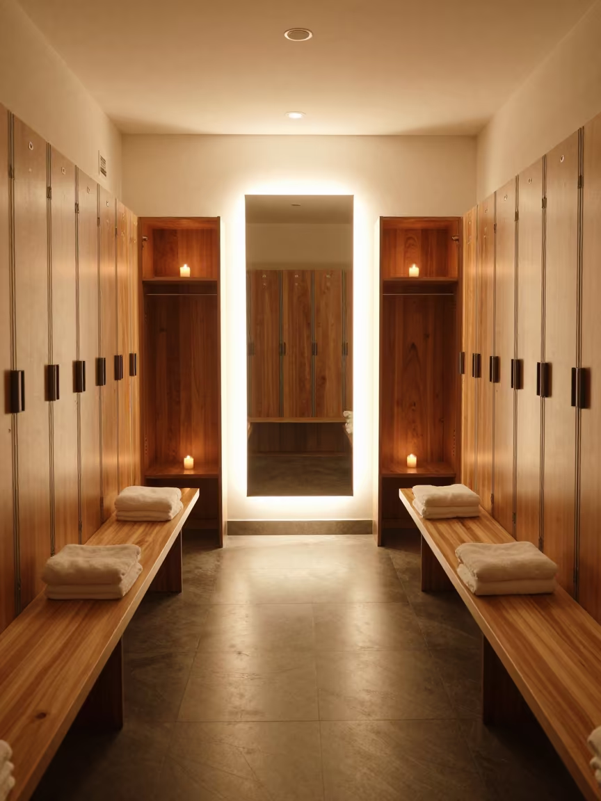 Cedar Bench Spa Locker Room Honeyed Evening Light in inside a banquet hall before service in Milton Keynes