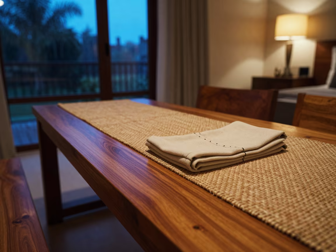 Cedar Bench Table Runner in Bamako Evening Light in on a hotel dresser in Bamako