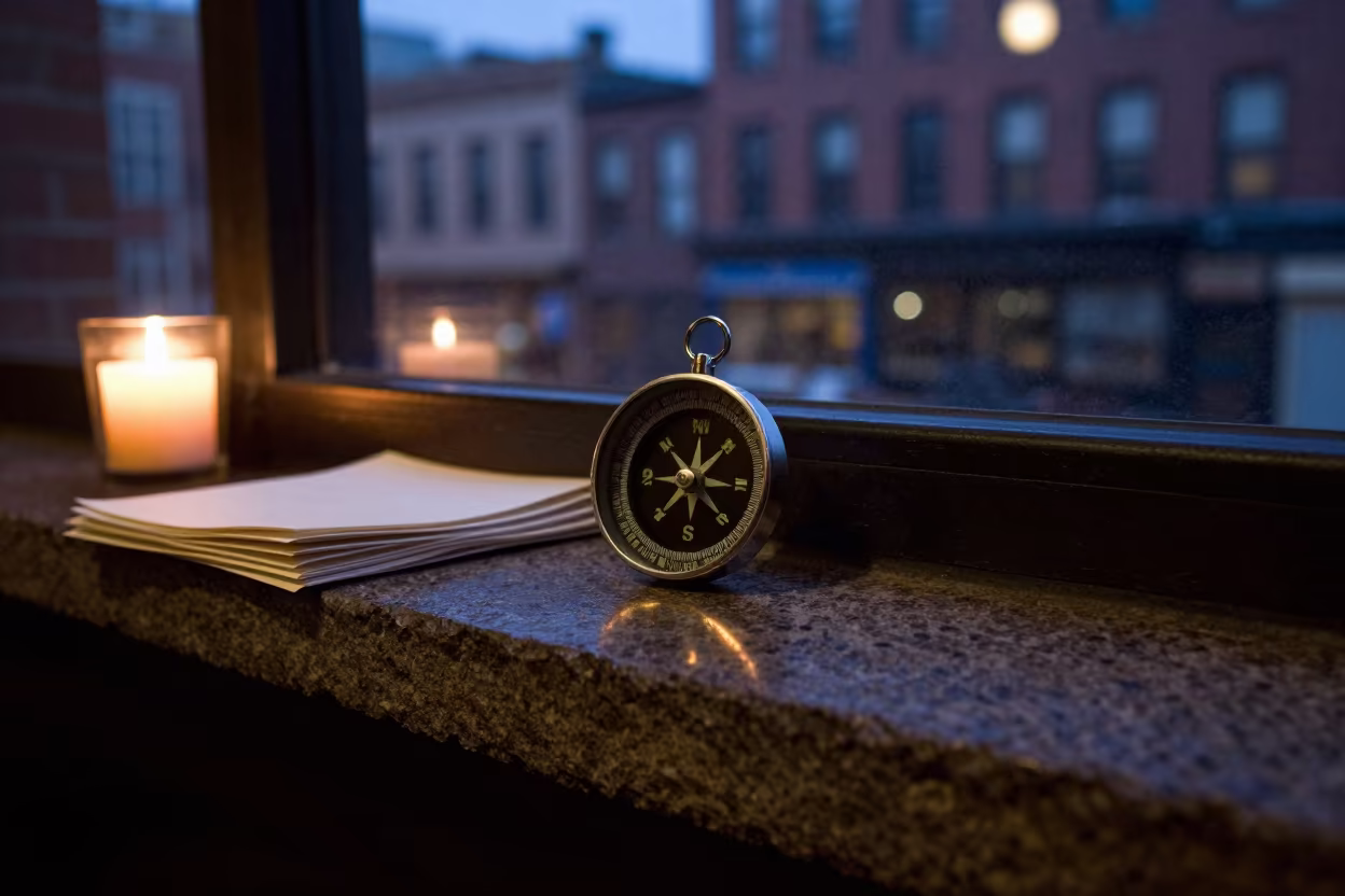Cedar Compass on Stone Shelf by Candlelight in on a cafe table by a window in Philadelphia
