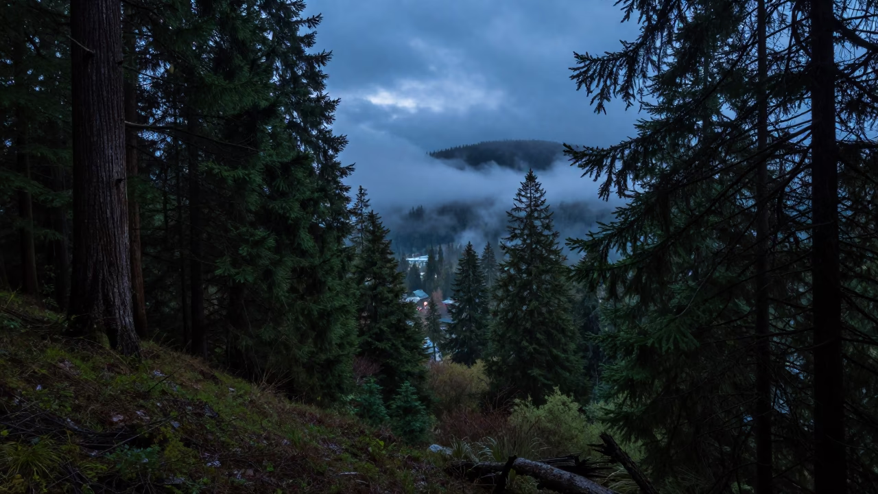 Cedar Forest Misty Mountain Slope Evening Blue in across a wide valley floor near Chinatown, Vancouver