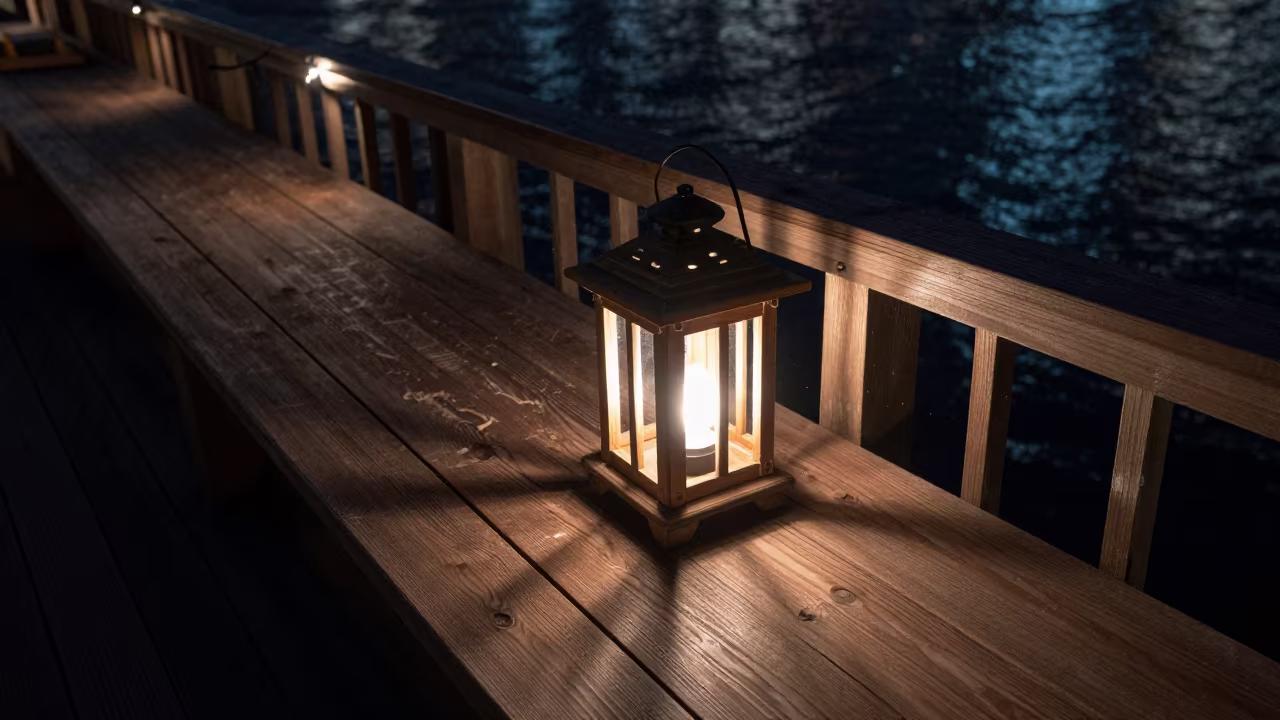 Cedar Lantern on Pier Railing Night Light in on a pier railing near Odaiba, Tokyo