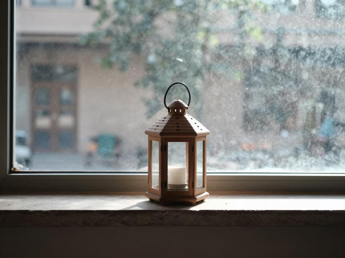 Cedar Lantern on Stone Shelf Dawn Haze in on a cafe table by a window in Kabul
