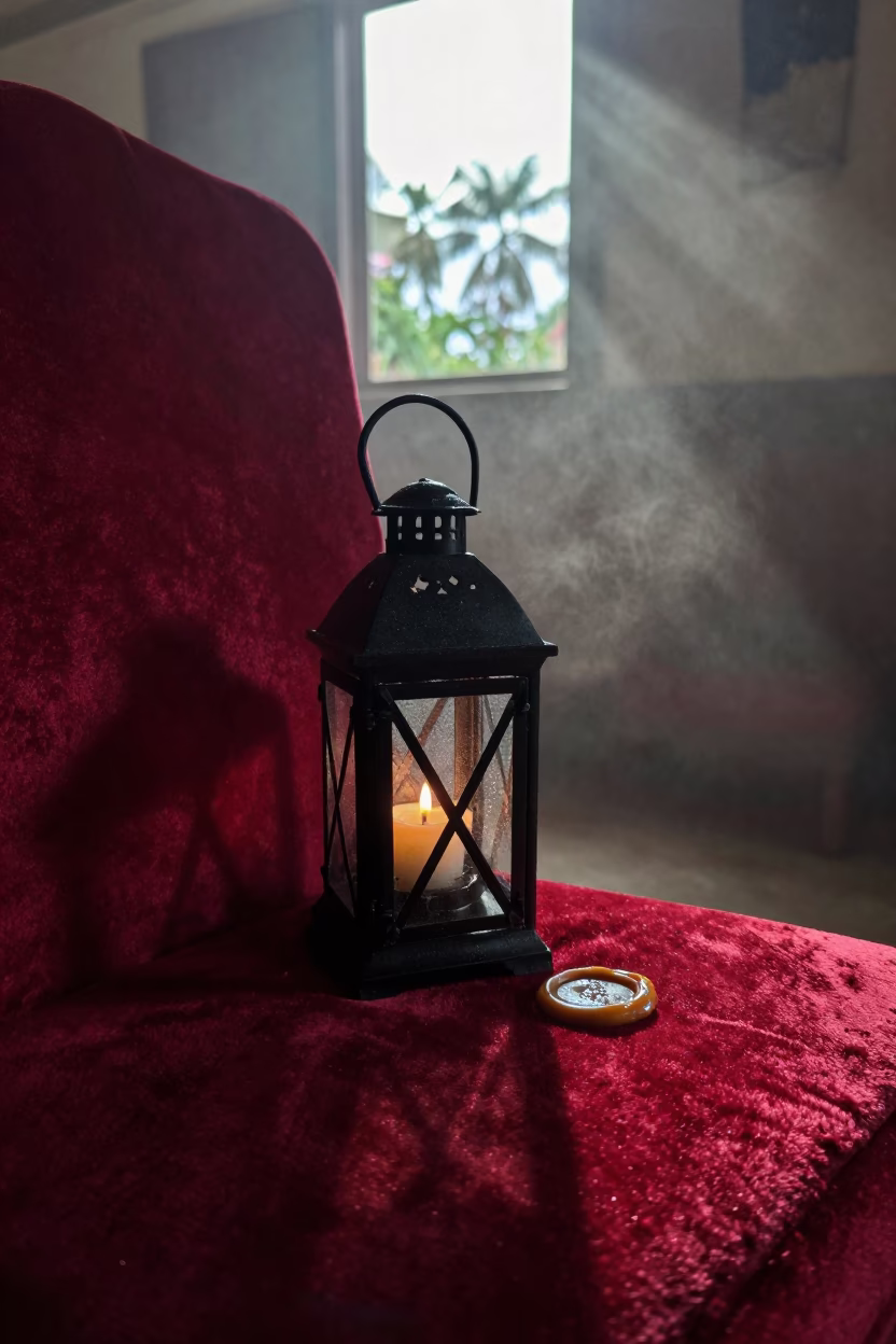Cedar Lantern and Wax Seal on Velvet Chair in on a velvet chair in Mombasa