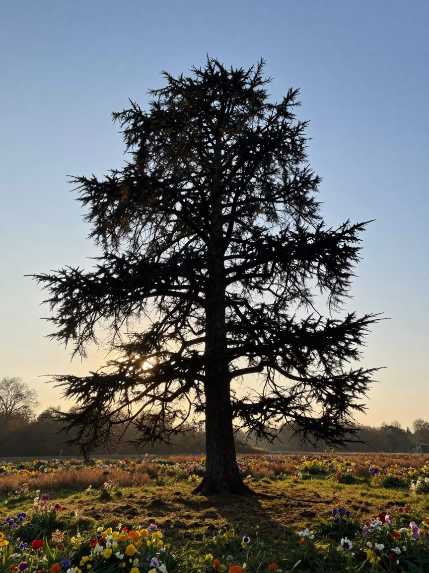 Cedar of Lebanon Branches at Nautical Dawn in in a bloom-heavy meadow near Bruges