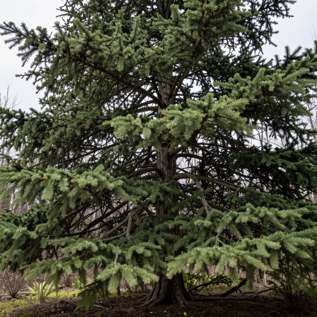 Cedar of Lebanon Branches in Quebec Forest in on a fern-lined forest floor in Quebec