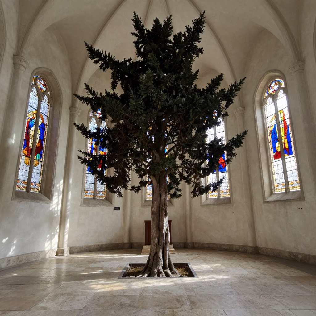 Cedar of Lebanon in Old Town Krakow Chapel in in a chapel lit by stained glass in Old Town, Krakow