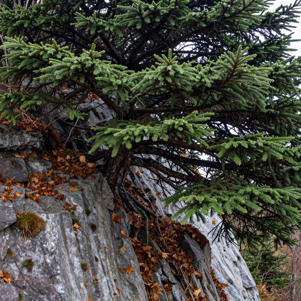 Cedar of Lebanon on Rainy Cliff Edge in along a salt-sprayed cliff edge in Rio Grande do Sul