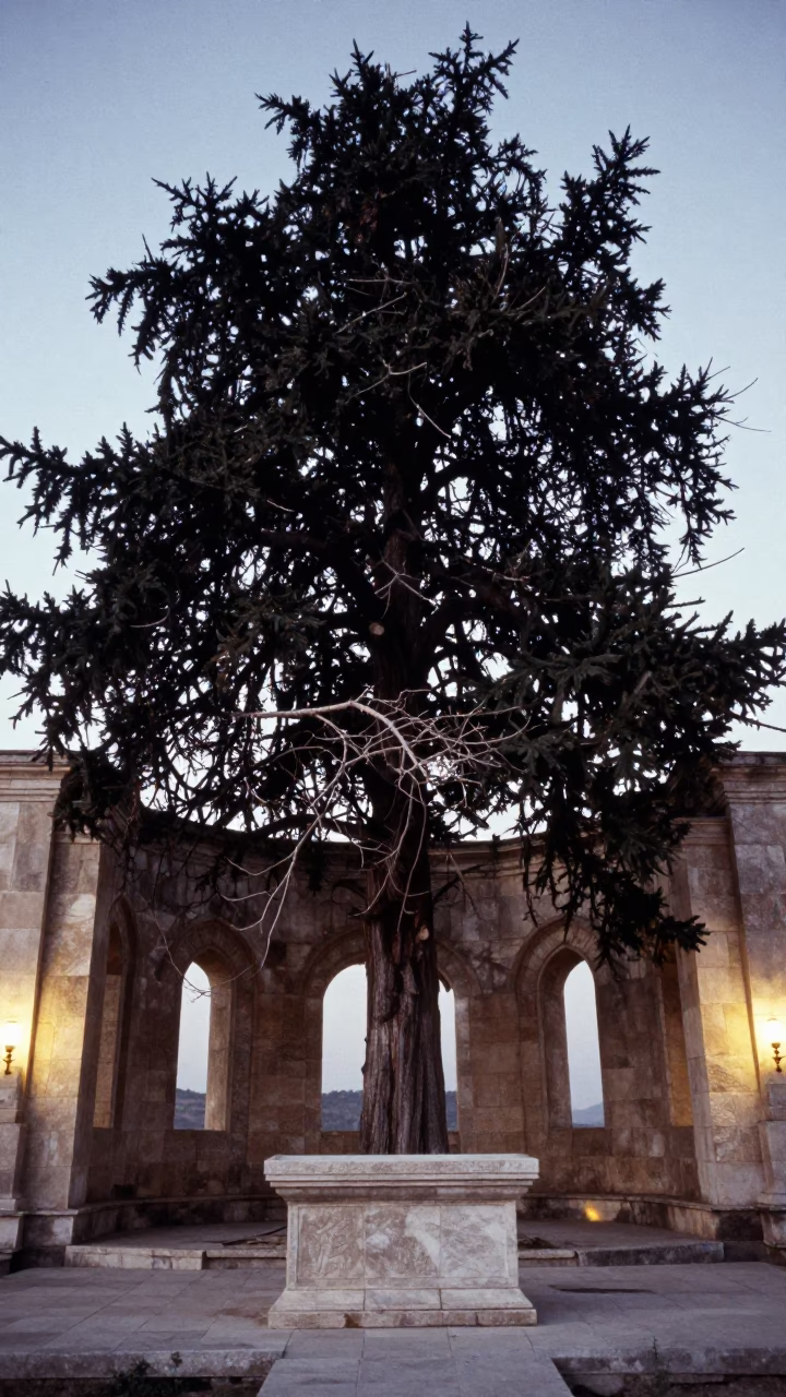 Cedar of Lebanon on Stone Altar Hilltop in at the foot of a stone altar in İnegöl