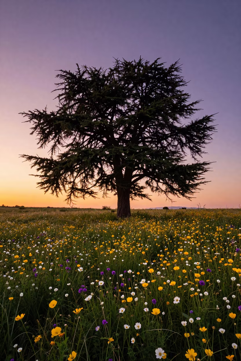 Cedar of Lebanon at Sunset in Greek Meadow in in a bloom-heavy meadow in Greece