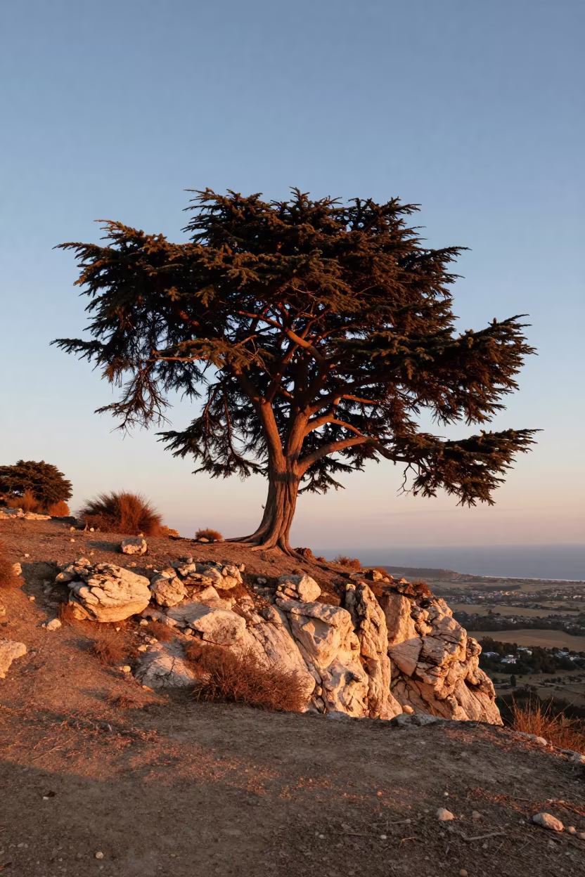 Cedar of Lebanon on Surat Cliff at Golden Hour in along a salt-sprayed cliff edge near Surat