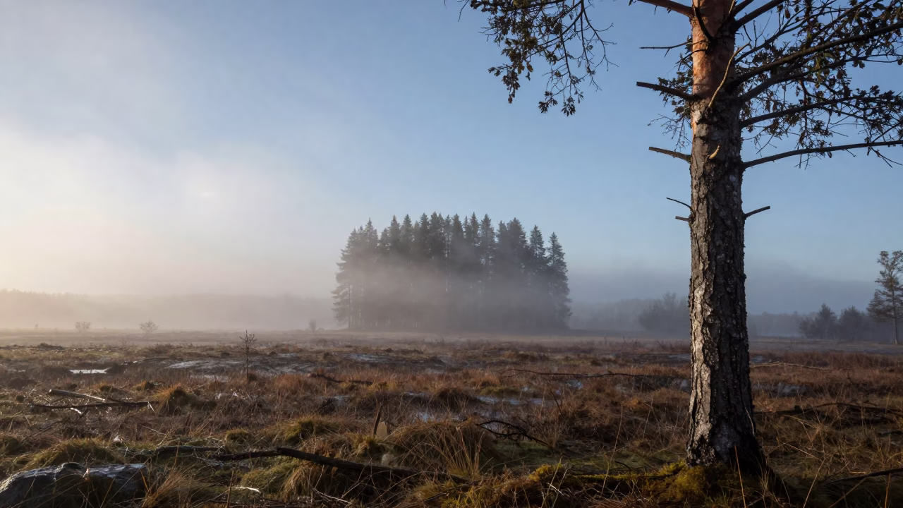 Cedar Ridge Above Mist Under Polar Blue Sky in across a floodplain after rain in Sweden