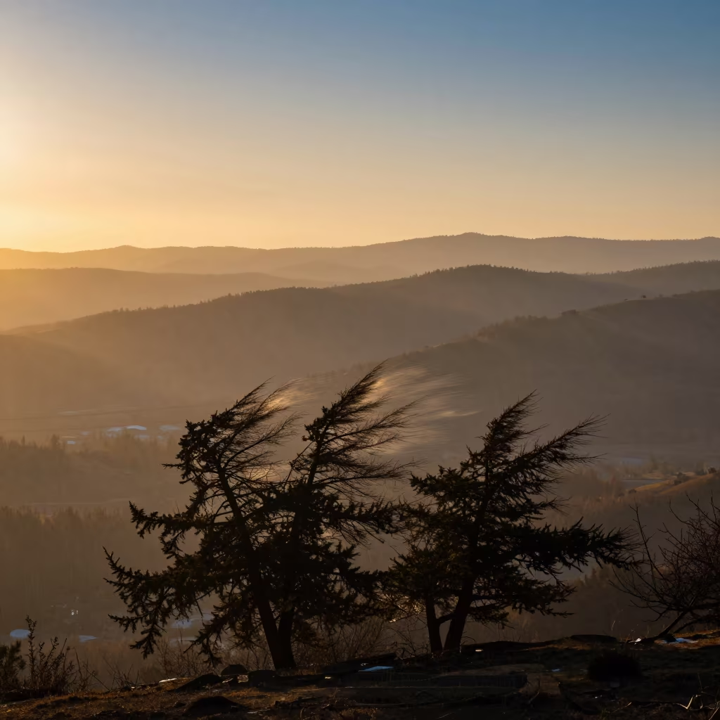 Cedar Ridge Dawn Haze Almaty Foothills in from a ridge above layered foothills near Almaty