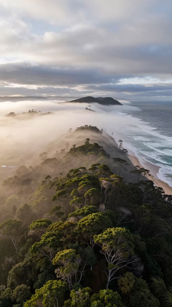 Cedar Ridge Under Sea Fog at Dawn Australia in along a wave-cut shoreline in Australia