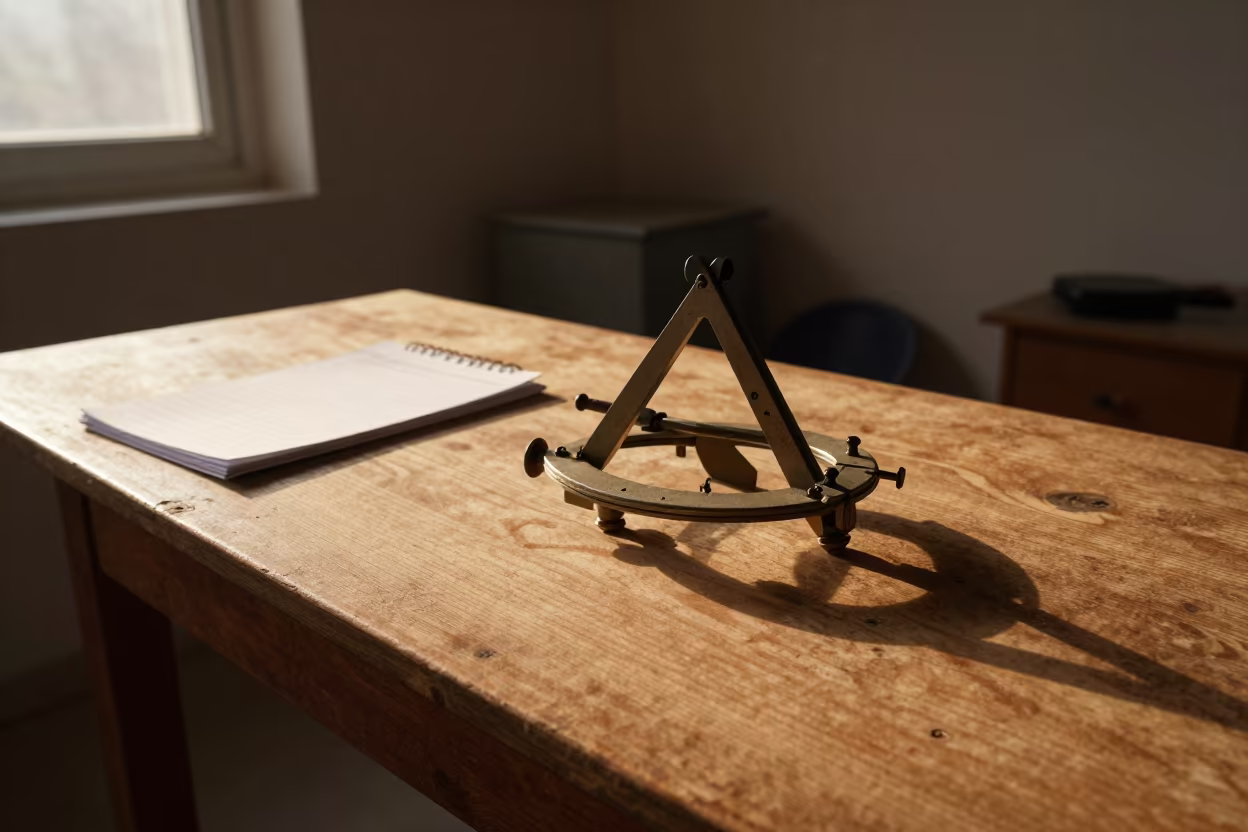 Cedar Sextant on Chart Table in Evening Light in on a wooden workbench in Charsadda