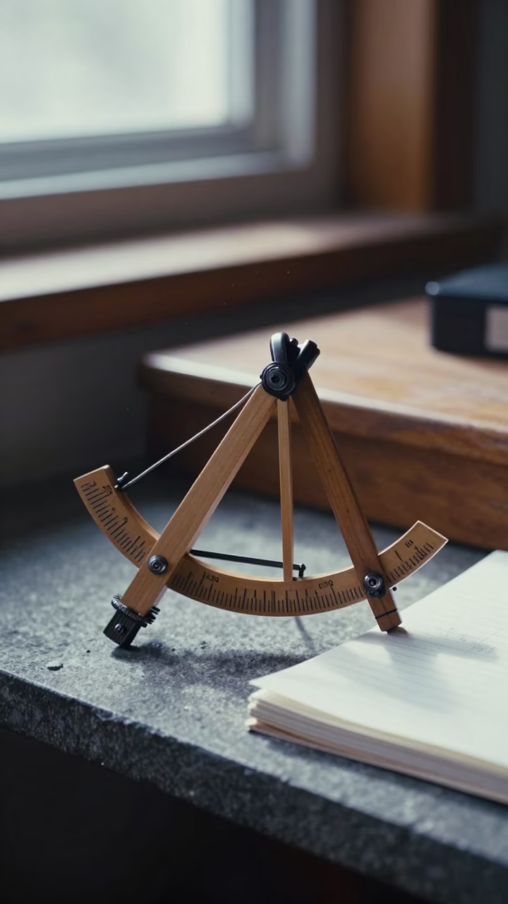 Cedar Sextant on Stone Shelf in on a wooden workbench near Shenzhen