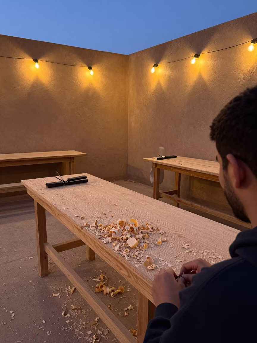 Cedar Shavings on Classroom Bench at Twilight in inside a quiet classroom in Yazd