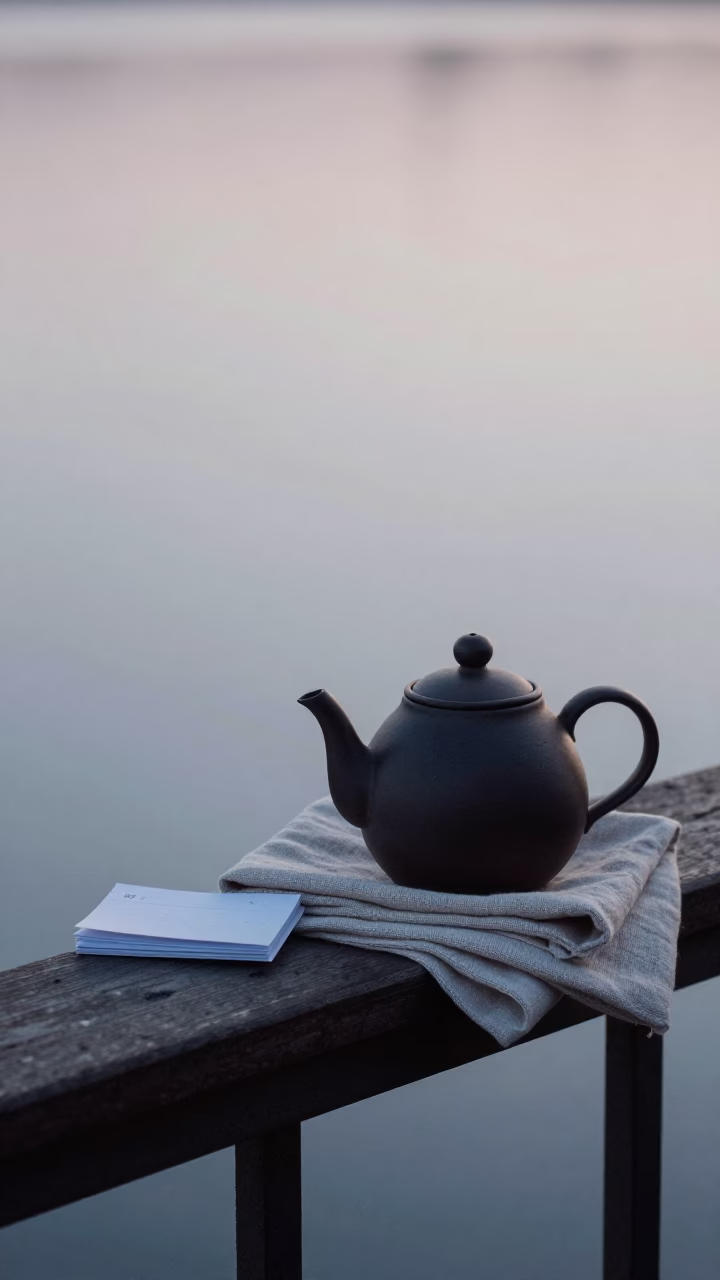 Cedar Teapot on Linen at Dawn in on a pier railing in Windsor