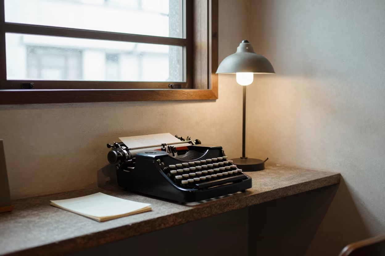 Cedar Typewriter on Stone Shelf Under Noon Light in on a cafe table by a window in Yokohama