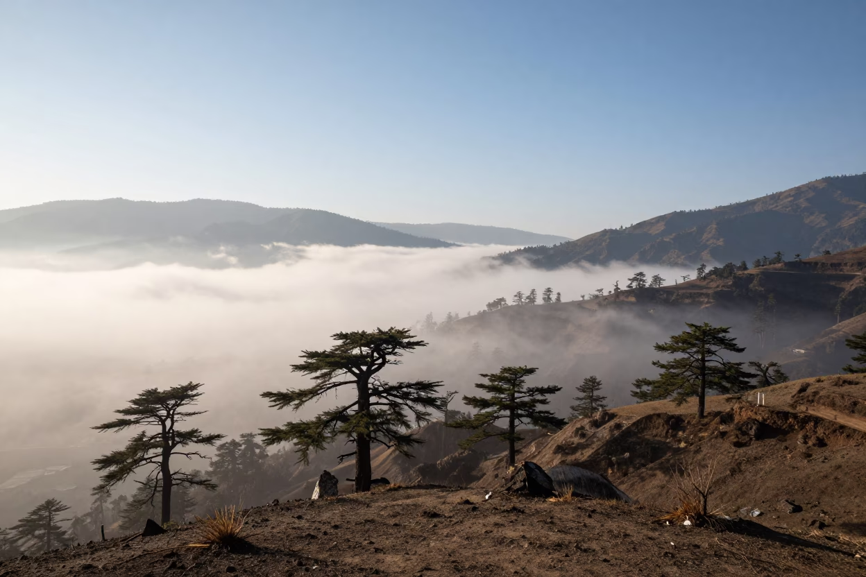 Cedar Valley Fog at Dawn Over Manali Foothills in from a ridge above layered foothills near Manali
