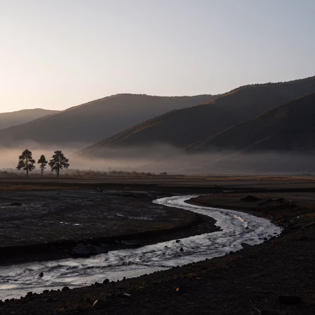 Cedar Valley Storm Runoff Dawn Mist Rim Light in along a wave-cut shoreline in Yunnan