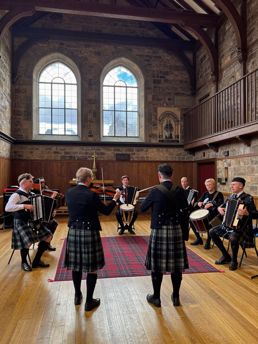 Ceilidh Band Performing in Edinburgh Hall in in a ceremonial hall in Royal Mile, Edinburgh