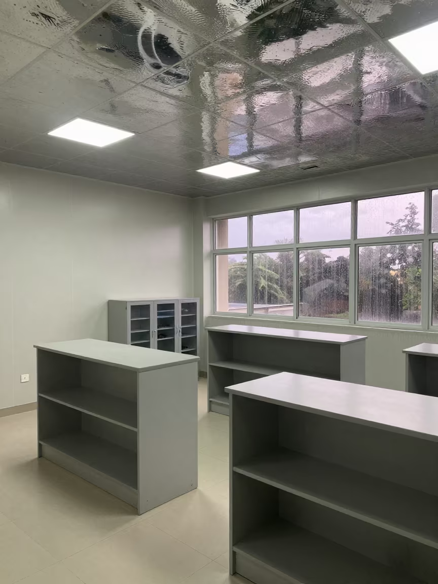 Ceiling Grid Mirrored in Satellite Panel in in a specimen archive room in Bamako