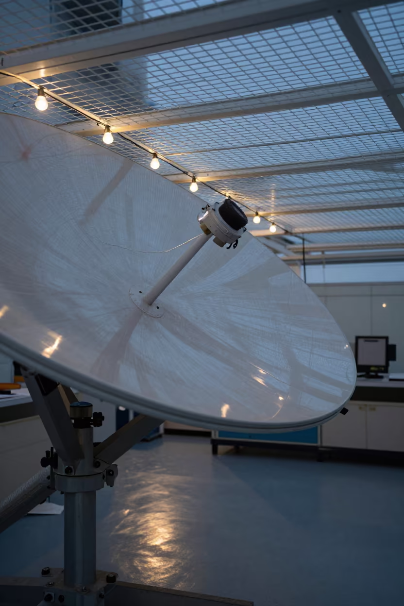 Ceiling Grid Reflected on Satellite Panel in in a fossil prep lab in Bristol
