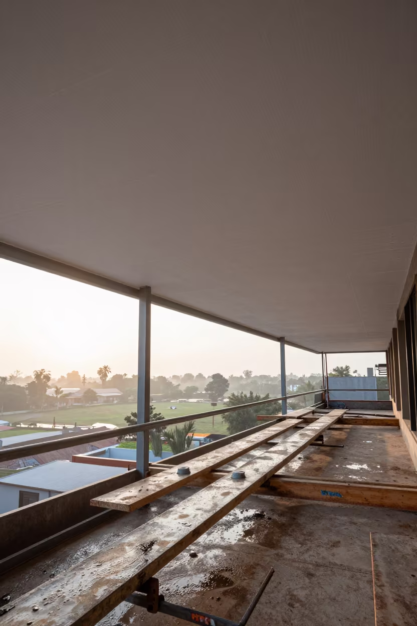 Ceiling Grid Splice Cover on Bouaflé Scaffold in along a scaffolded facade in Bouaflé