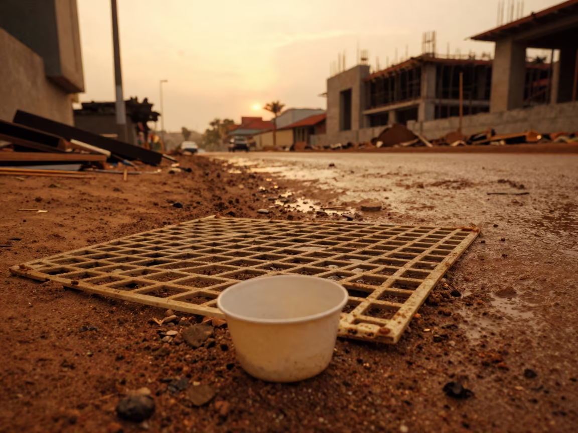 Ceiling Grid Splice Cover Cup on Luanda Road in at a muddy site access road near Luanda