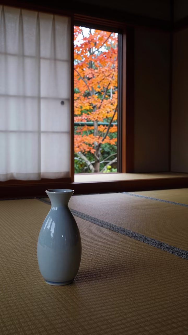 Celadon Sake Bottle in Nara Tea Room in beside a tokonoma alcove in a tea room in Nara