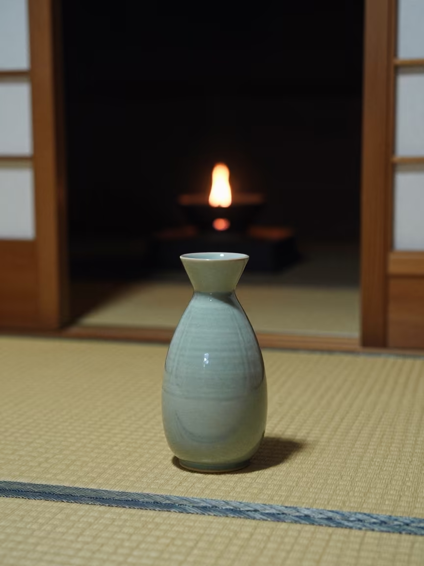 Celadon Sake Bottle on Tatami in Kamakura Tearoom in in a tearoom prepared for guests in Kamakura