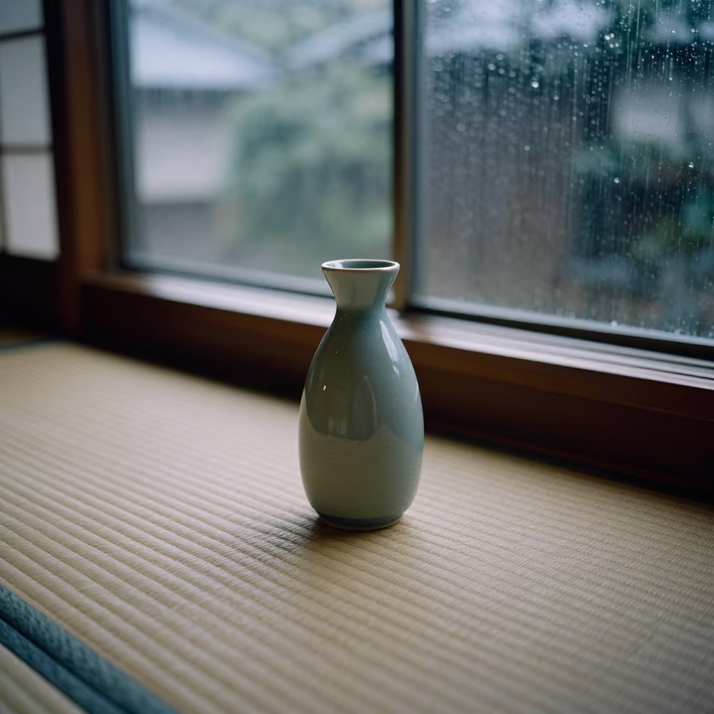 Celadon Sake Bottle on Tatami in Tokyo Tea Room in beside a tokonoma alcove in a tea room in Roppongi, Tokyo