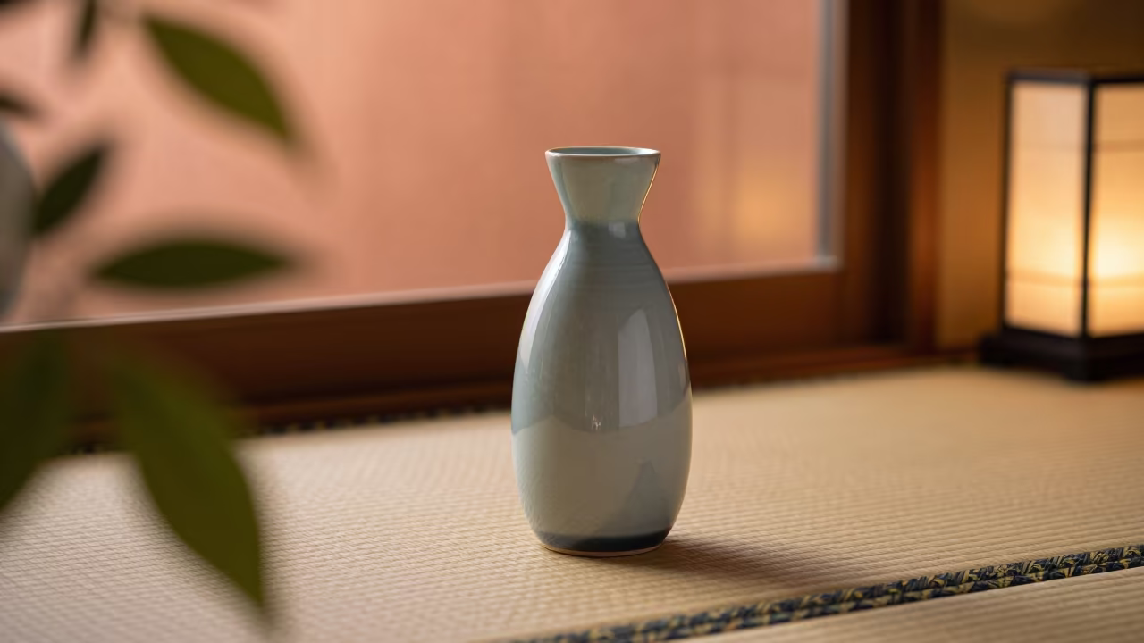 Celadon Sake Bottle on Tatami Mat in Tokyo Tearoom in in a tearoom prepared for guests in Shibuya, Tokyo