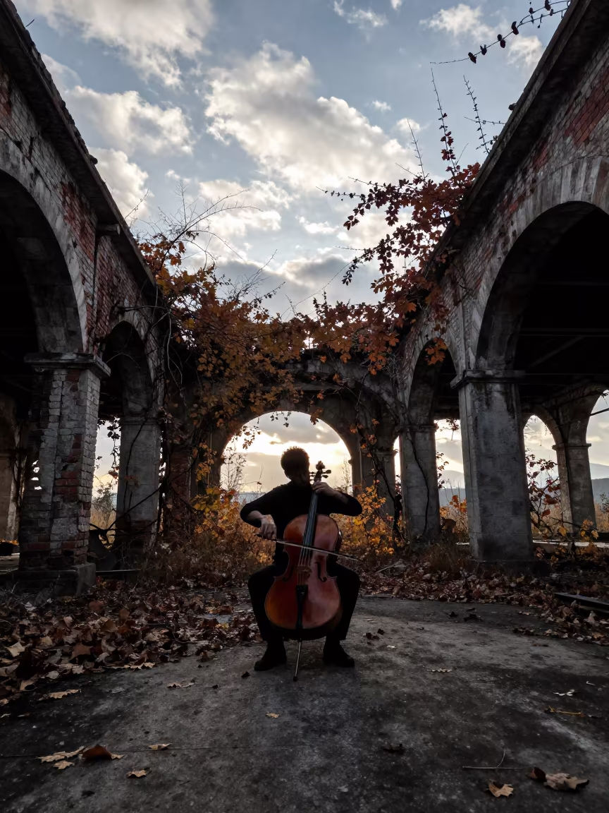 Silhouette Cellist in Abandoned Bulgarian Warehouse Dawn in along a vine-choked corridor in Bulgaria