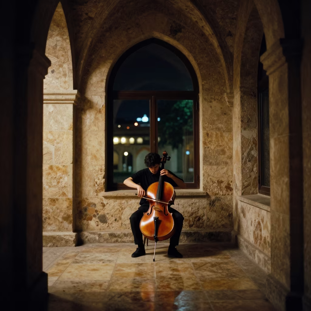 Cellist in Amarah Cloister at Dusk in inside a quiet cloister passage in Amarah