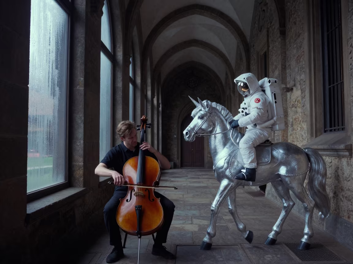 Cellist and Astronaut in Owerri Chapel in along a monastery corridor in Owerri