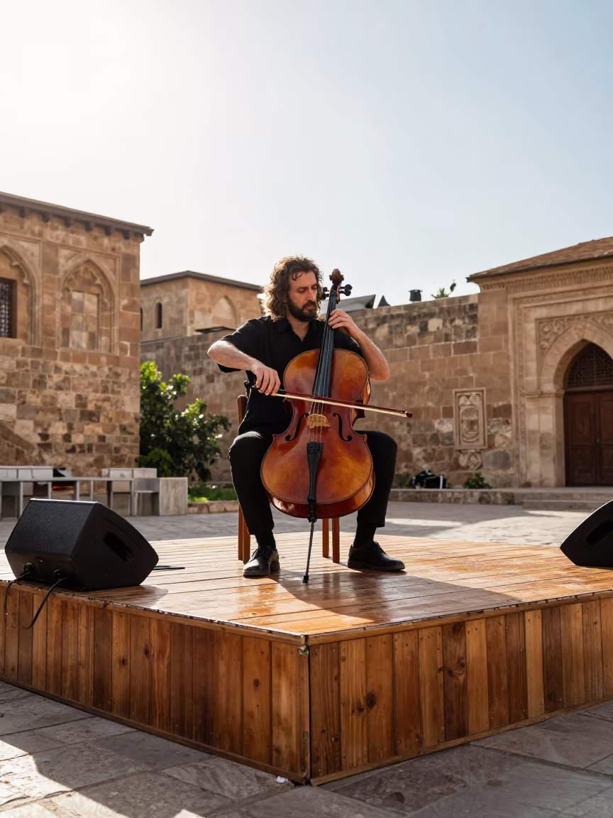 Cellist on Diyarbakir Festival Stage Afternoon in on a festival main stage in Diyarbakir