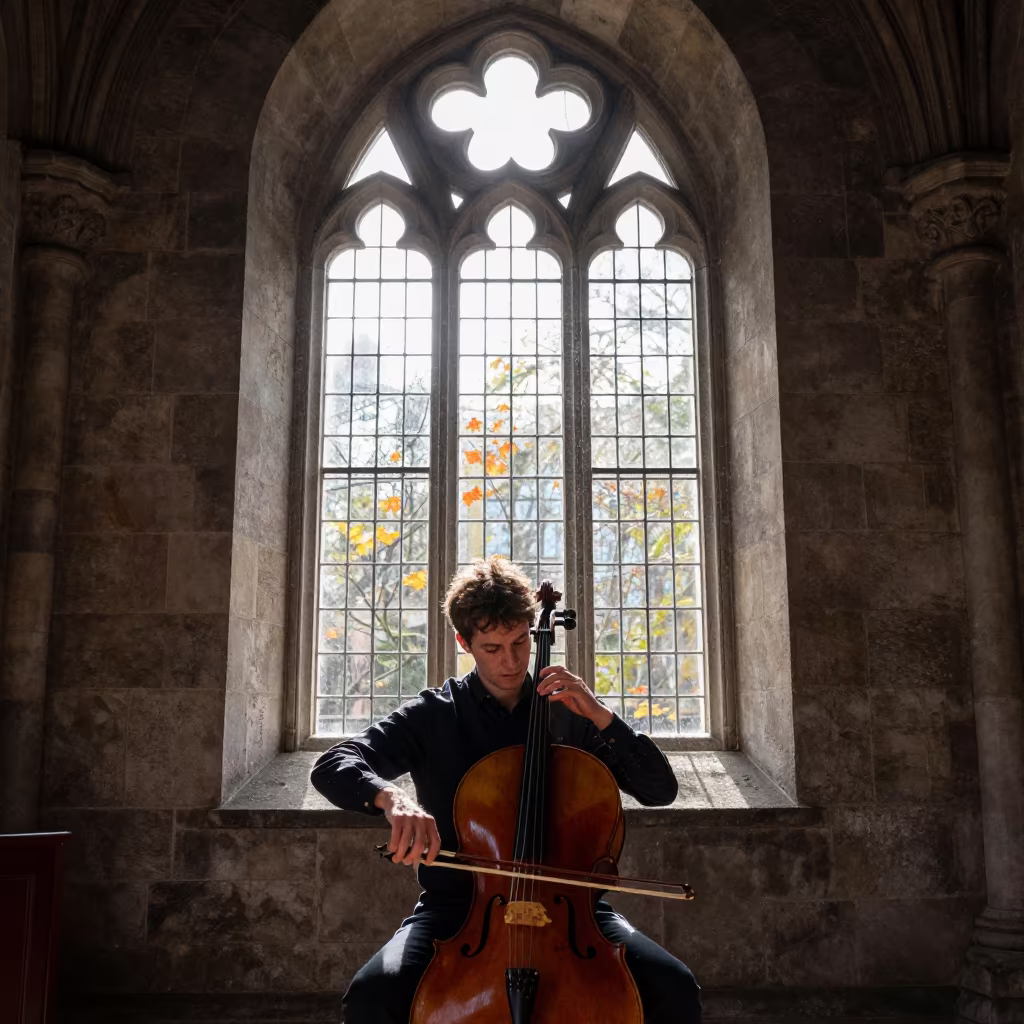 Cellist in Dublin Stone Chapel North Light in inside a stone chapel in Dublin