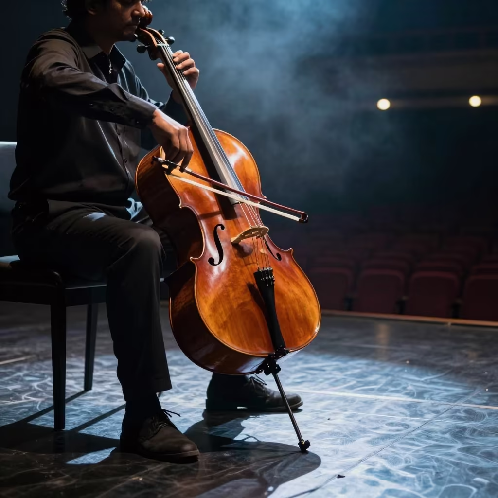 Cellist Under Footlight Glow Near Empty Front Row in on a dimly lit stage in Gampaha